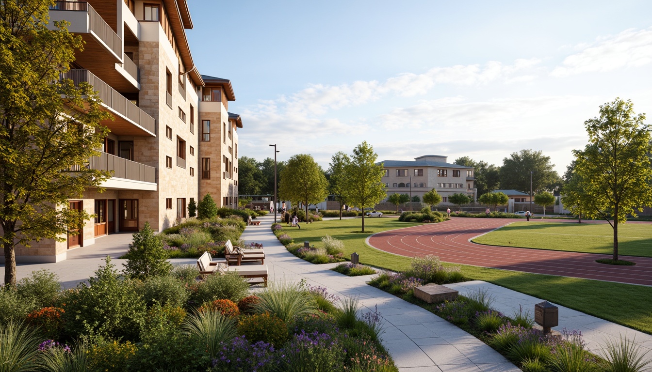 Prompt: Regionalism-style gymnasium building, natural stone fa\u00e7ade, earthy tones, curved lines, rustic wooden accents, lush greenery, native plants, vibrant wildflowers, meandering pathways, weathered steel benches, ornate lampposts, athletic track, soccer field, tennis courts, basketball hoops, outdoor fitness stations, shaded seating areas, misting systems, warm golden lighting, soft focus, 1/1 composition, realistic textures, ambient occlusion.