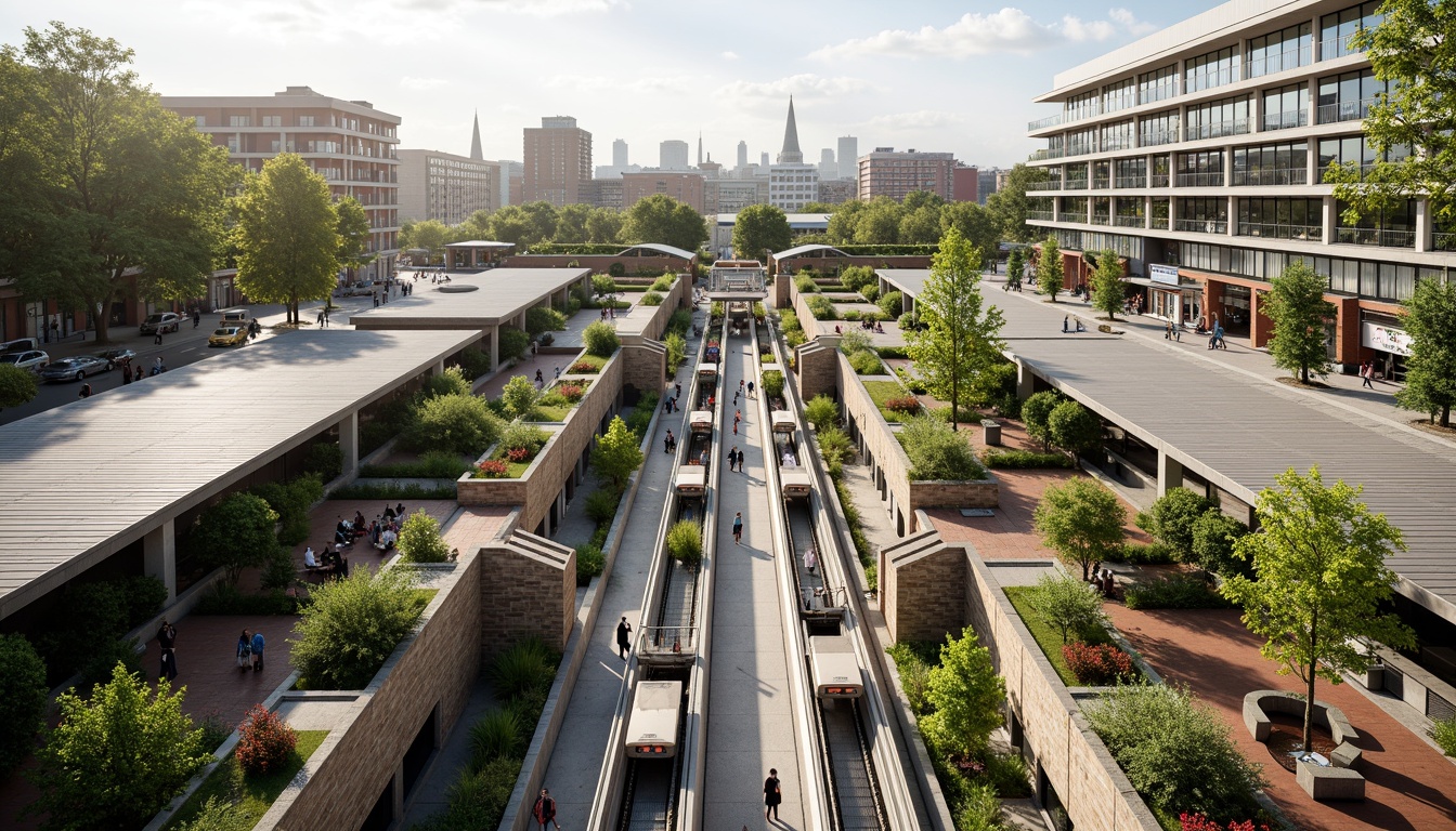 Prompt: Vibrant train station, green roofs, lush vegetation, natural stone walls, modern architecture, large windows, glass ceilings, elevated platforms, staircases, escalators, urban landscape, city skyline, busy streets, pedestrian walkways, bike lanes, public art installations, comfortable seating areas, warm lighting, shallow depth of field, 3/4 composition, panoramic view, realistic textures, ambient occlusion.