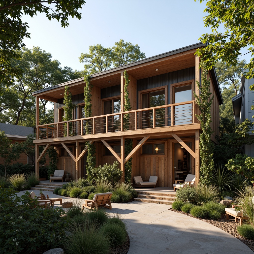 Prompt: Rustic hostel facade, reclaimed wood accents, bamboo roofing, solar panels, green roofs, living walls, eco-friendly signage, natural stone flooring, low-carbon concrete, recycled glass windows, minimalist decor, earthy color palette, cozy communal spaces, energy-efficient lighting, soft warm ambiance, shallow depth of field, 3/4 composition, panoramic view, realistic textures, ambient occlusion.