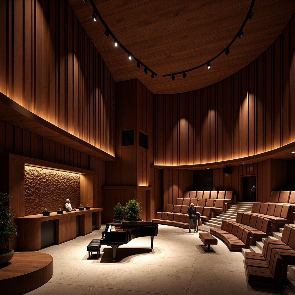 Prompt: Intimate concert hall, rich wood tones, velvety darkness, sound-absorbing panels, curved lines, minimal ornamentation, premium leather seating, spotlights, suspended ceiling speakers, acoustic diffusers, natural stone flooring, grand piano, polished metal railings, luxurious textiles, soft warm lighting, shallow depth of field, 2/3 composition, panoramic view, realistic reflections, ambient occlusion.