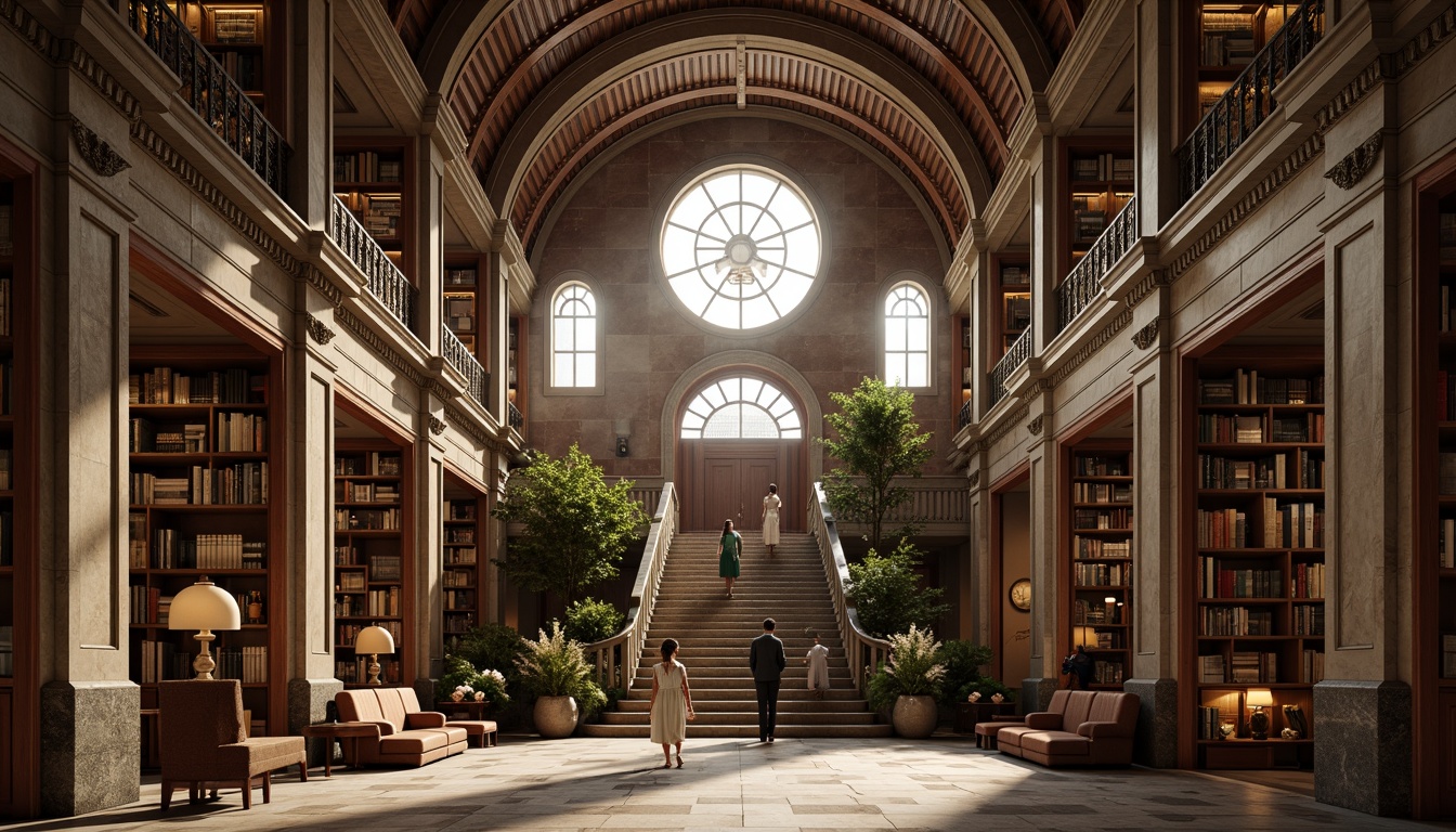 Prompt: Grandiose library entrance, symmetrical facade, neoclassical columns, ornate stone carvings, imposing staircase, sweeping archways, vaulted ceilings, intricate moldings, lavish chandeliers, rich wood paneling, comfortable reading nooks, ample natural light, soft warm glow, 1/1 composition, central axis, perfect bilateral symmetry, harmonious proportions, elegant typography, leather-bound tomes, subtle color palette, refined architectural details, sophisticated ambiance.