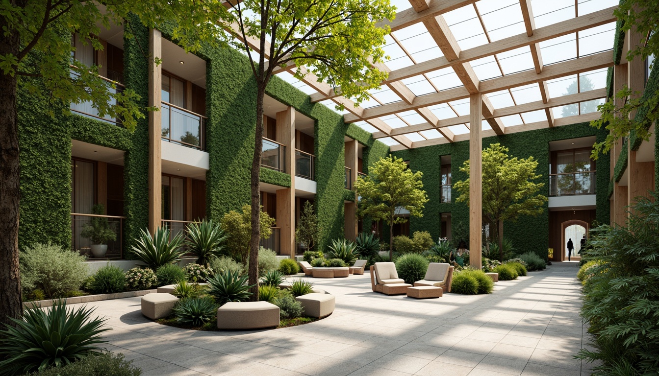 Prompt: Breezy atrium, lush green walls, natural stone floors, wooden accents, openable windows, clerestory roofs, skylights, solar tubes, wind catchers, thermal mass materials, earthy color palette, organic shapes, minimalist decor, airy corridors, comfortable seating areas, soft diffused lighting, 1/1 composition, serene atmosphere, realistic textures, ambient occlusion.