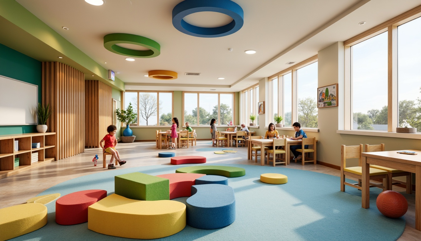 Prompt: Vibrant kindergarten, playful furniture, colorful blocks, educational toys, interactive whiteboards, collaborative workstations, cozy reading nooks, natural light-filled classrooms, acoustic panels, circular gathering spaces, soft carpet flooring, gentle color scheme, whimsical illustrations, engaging digital displays, immersive learning experiences, 3D visualization tools, flexible seating arrangements, adaptive technology integration, inclusive accessibility features, calming ambient sounds, shallow depth of field, 1/2 composition, warm and inviting atmosphere.