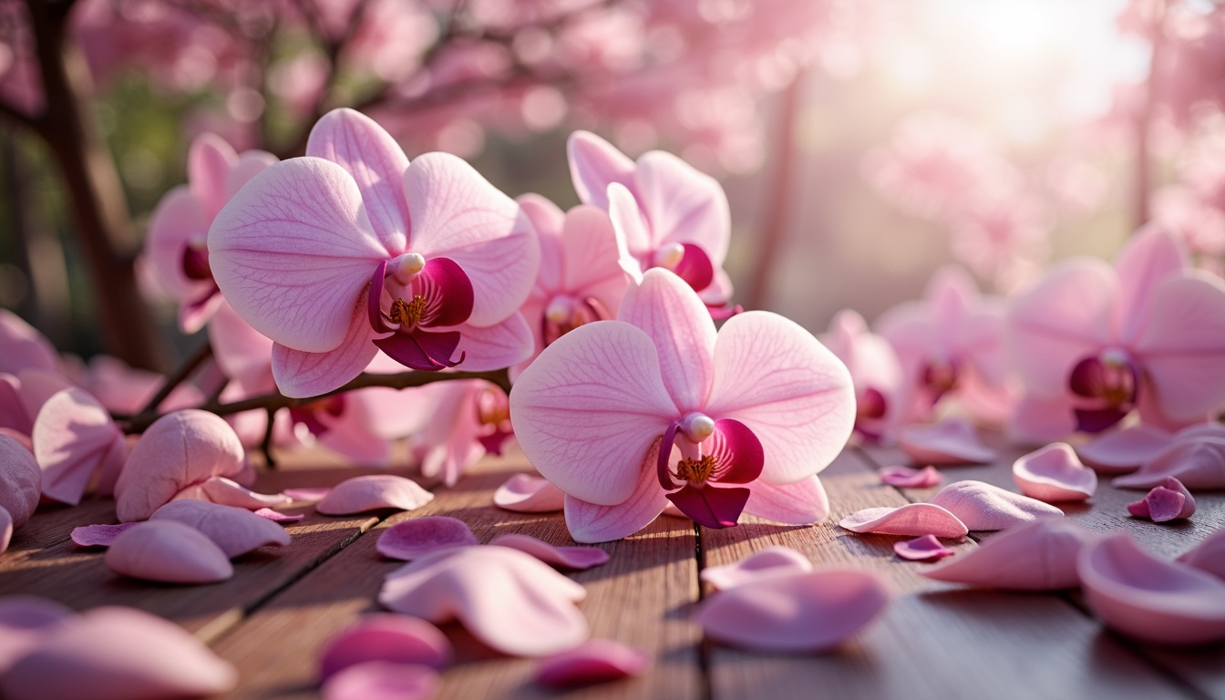 Prompt: Soft orchid hues, delicate petals, whimsical illustrations, elegant typography, creamy whites, rich woods, velvety fabrics, subtle sheen, warm ambient lighting, shallow depth of field, 2/3 composition, intimate atmosphere, realistic textures, gentle color transitions, soft focus, dreamy quality.