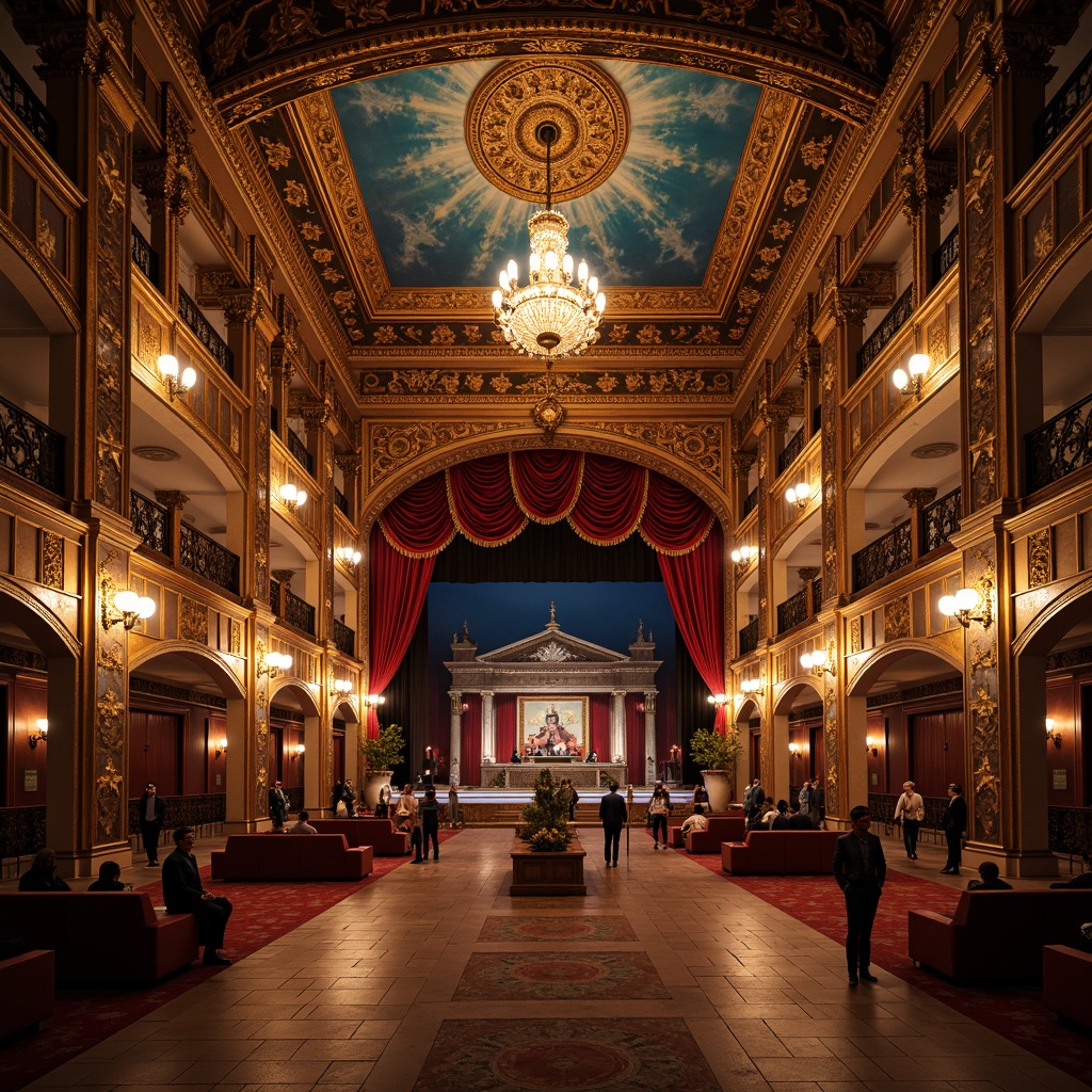 Prompt: Majestic Byzantine theater, rich gold accents, deep crimson reds, regal blues, ornate mosaics, intricate stone carvings, lavish velvet drapes, golden lighting fixtures, grand chandeliers, opulent marble floors, majestic arches, grandiose columns, vibrant fresco ceilings, dramatic shadows, warm soft focus, 1/2 composition, symmetrical framing, cinematic atmosphere, ornate textures, detailed ornaments.