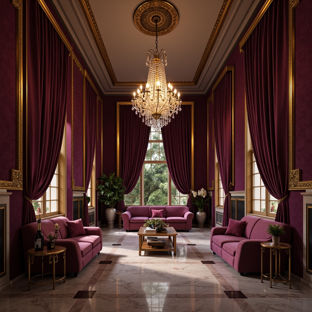 Prompt: Rich mauve accents, luxurious velvet fabrics, ornate golden frames, lavish crystal chandeliers, elegant marble floors, sophisticated interior design, opulent furnishings, dramatic curtains, warm ambient lighting, shallow depth of field, 1/1 composition, realistic textures, atmospheric mist, soft focus blur, romantic evening ambiance.