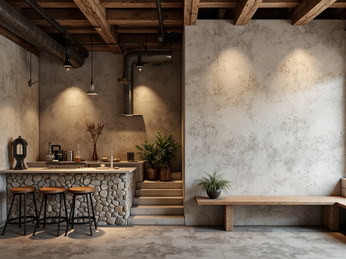 Prompt: Rustic plastered concrete walls, earthy tones, organic textures, natural stone accents, distressed finishes, industrial chic, urban loft atmosphere, reclaimed wood beams, metal ductwork, exposed piping, modern minimalist decor, soft warm lighting, shallow depth of field, 1/1 composition, realistic textures, ambient occlusion.