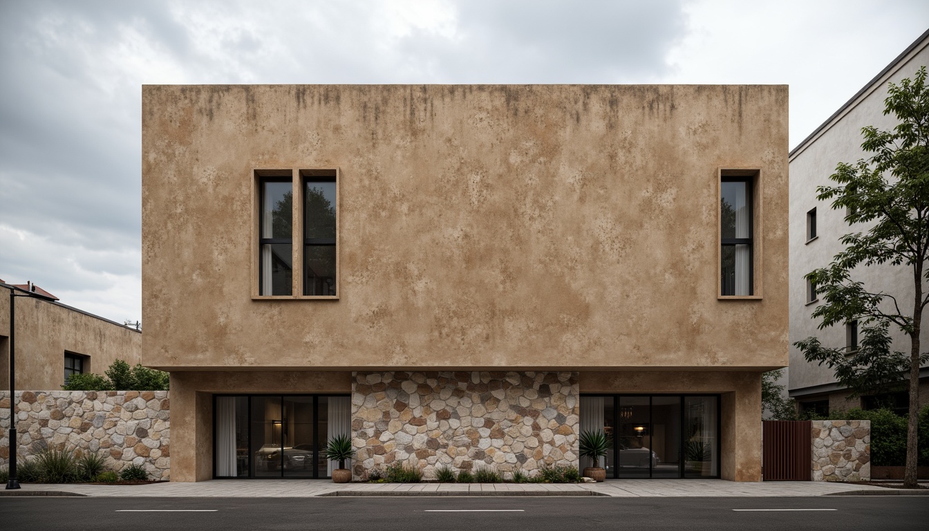 Prompt: Rustic building facade, plastered concrete texture, earthy color tone, rough stone walls, modern minimalist architecture, sleek lines, industrial chic decor, urban cityscape, cloudy sky, soft diffused lighting, shallow depth of field, 3/4 composition, realistic textures, ambient occlusion.