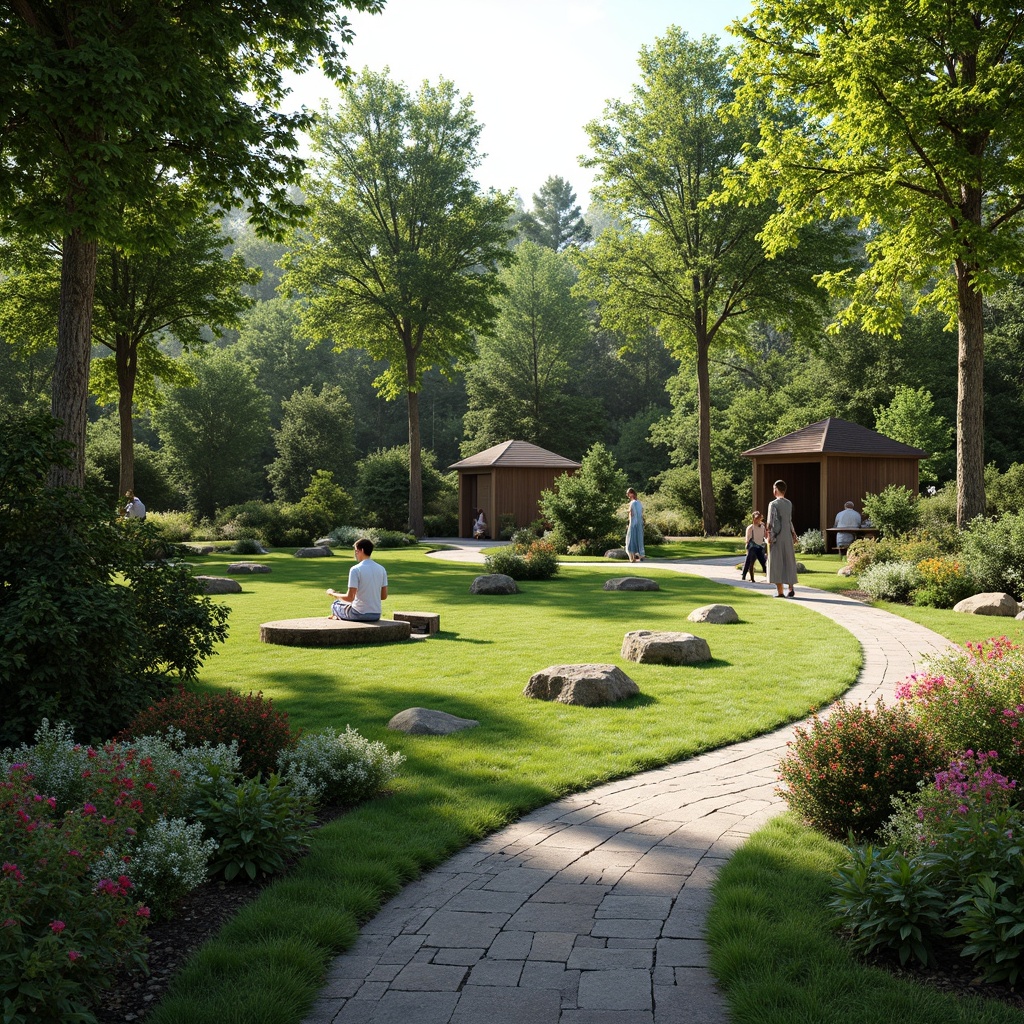 Prompt: Serenely curved pathways, lush green grass, vibrant flowering shrubs, natural stone benches, wooden gazebos, tranquil water features, gentle cascading waterfalls, soothing sound effects, peaceful forest ambiance, warm sunny day, soft diffused lighting, shallow depth of field, 3/4 composition, panoramic view, realistic textures, ambient occlusion, harmonious color palette, eco-friendly materials, sustainable design principles.