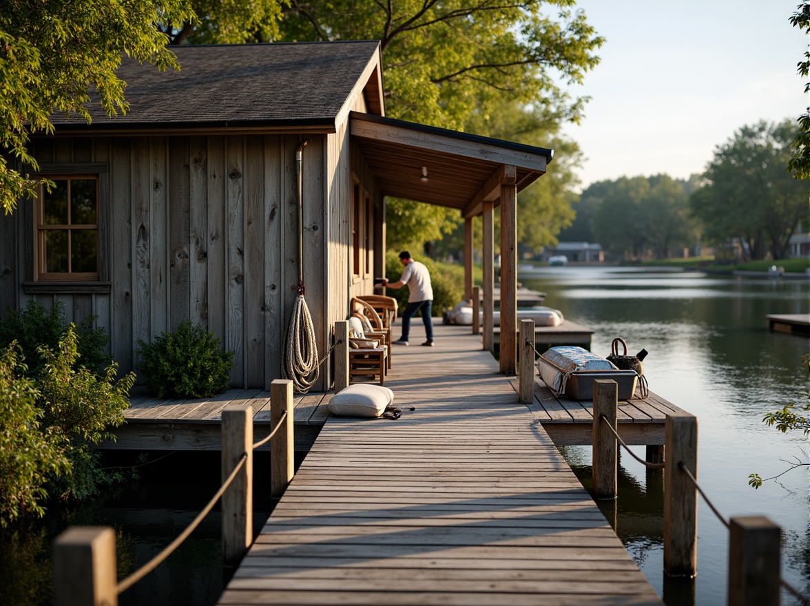 Prompt: Rustic boathouse, wooden dock, nautical ropes, fishing nets, weathered wood textures, corrugated metal roofing, marine-grade materials, waterfront location, serene lake scenery, lush greenery, sunny day, warm soft lighting, shallow depth of field, 3/4 composition, realistic reflections, ambient occlusion.