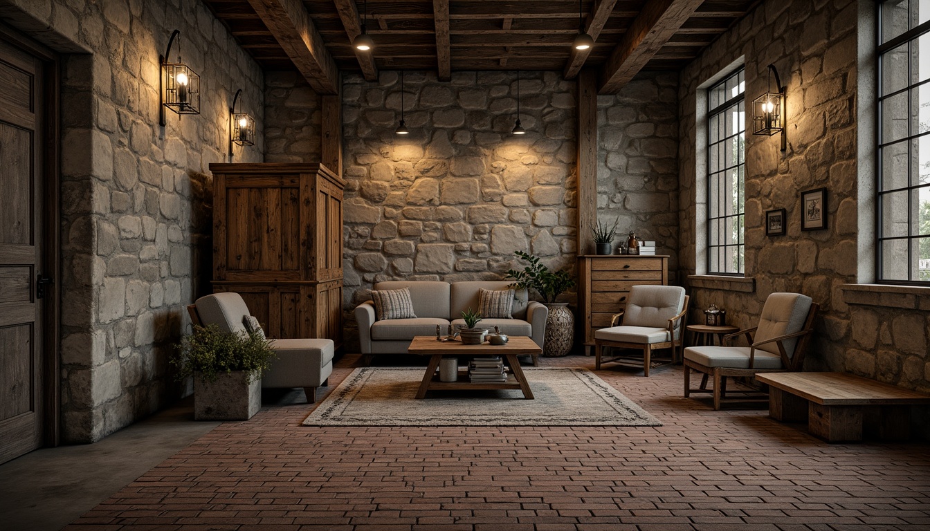 Prompt: Rough stone walls, weathered wooden planks, rusty metal accents, distressed concrete floors, tactile brick surfaces, organic natural materials, earthy color palette, moody atmospheric lighting, dramatic shadow play, 3/4 composition, shallow depth of field, realistic textures, ambient occlusion, industrial chic aesthetic, urban loft atmosphere.