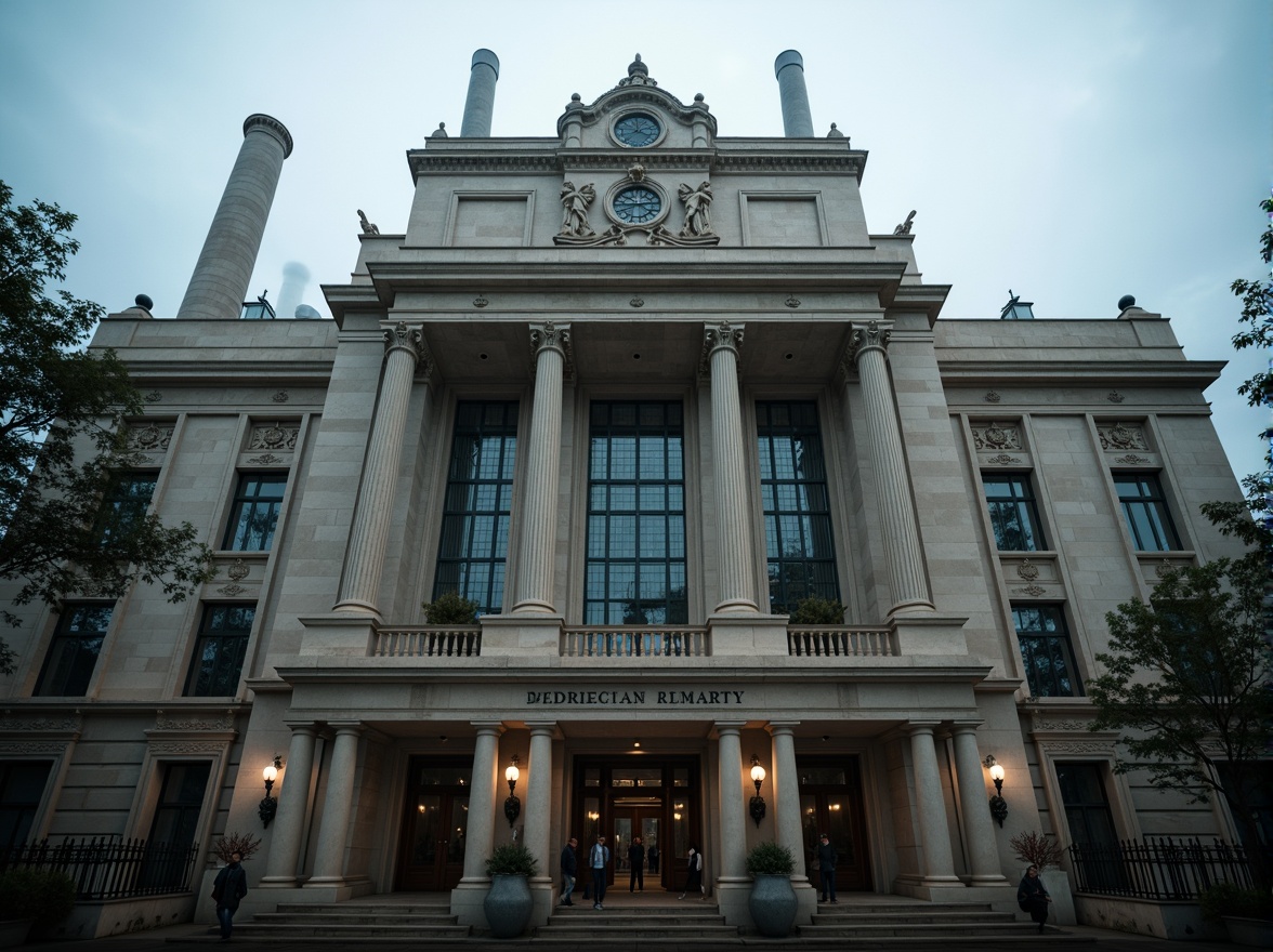 Prompt: Grandiose energy plant, neoclassical facade, ornate columns, intricately carved stonework, symmetrical architecture, grand entrance, majestic clock tower, copper accents, elegant cornices, refined moldings, subtle ornamentation, limestone cladding, imposing scale, dramatic lighting, atmospheric fog, 1/1 composition, low-angle view, cinematic mood, highly detailed textures, ambient occlusion.