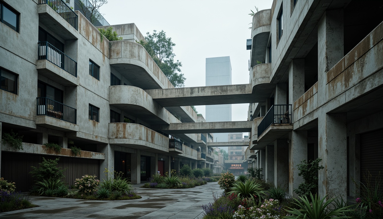 Prompt: Rugged distribution center, brutalist architecture, exposed concrete structures, raw industrial materials, bold geometric shapes, fortress-like fa\u00e7ades, massive columns, chunky brutalist details, weathered steel beams, distressed finishes, urban jungle surroundings, overcast skies, dramatic high-contrast lighting, moody atmospheric effects, cinematic composition, gritty textures, ambient occlusion.