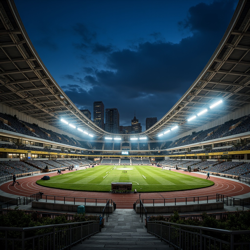 Prompt: Massive stadium structure, curved lines, sleek metal fa\u00e7ade, durable concrete foundation, reinforced steel beams, translucent roofing, vibrant LED lighting, lush green grass, athletic track surfaces, spectator seating areas, rust-resistant handrails, weathered wood accents, urban cityscape background, dramatic nighttime illumination, shallow depth of field, 1/1 composition, realistic textures, ambient occlusion.