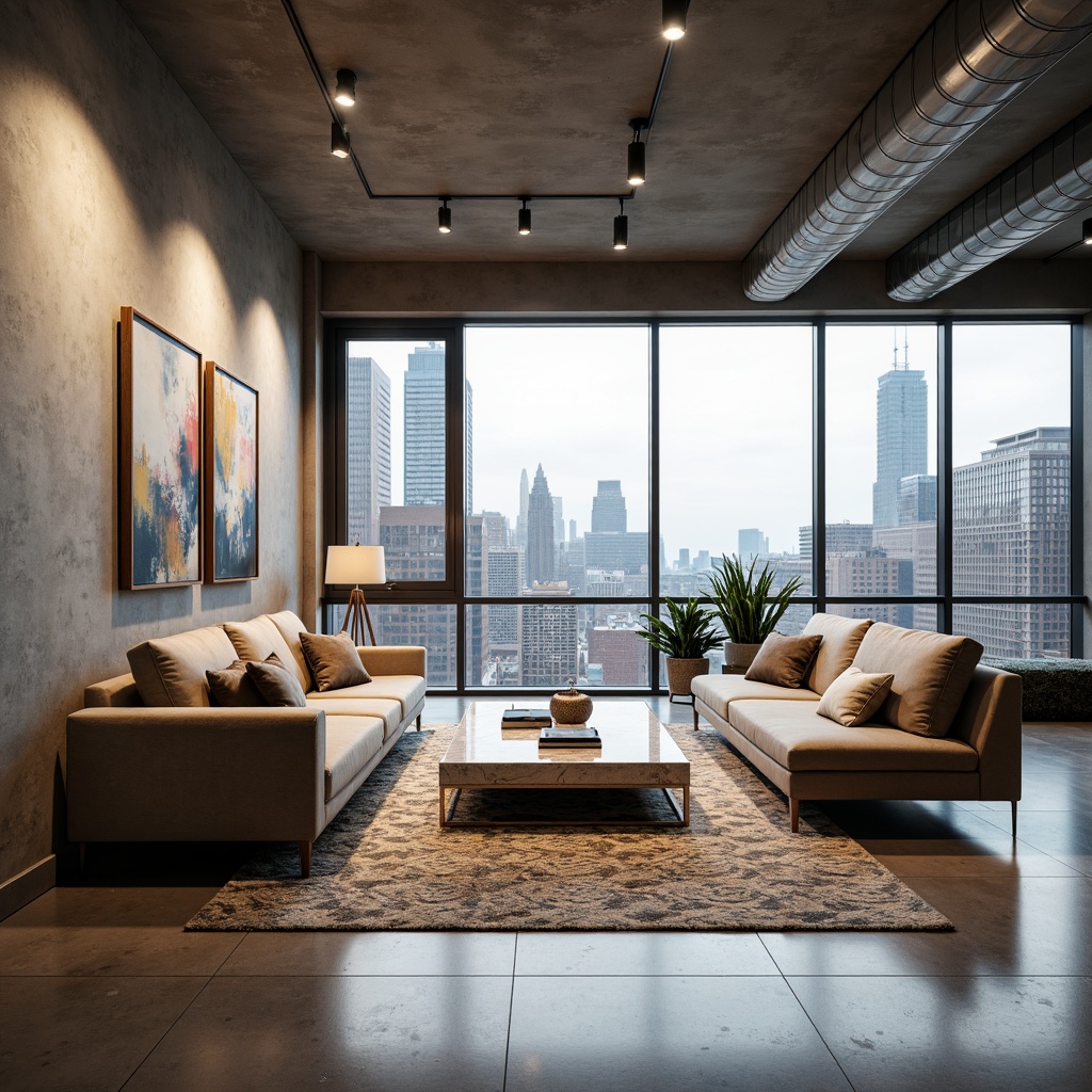 Prompt: Modernist living room, sleek low-profile furniture, polished chrome accents, minimalist decor, neutral color palette, floor-to-ceiling windows, natural light flooding, urban cityscape views, concrete floors, industrial-chic exposed ductwork, geometric patterned rugs, luxurious velvet sofas, marble coffee tables, abstract artwork, atmospheric track lighting, 1/1 composition, shallow depth of field, soft warm glow.