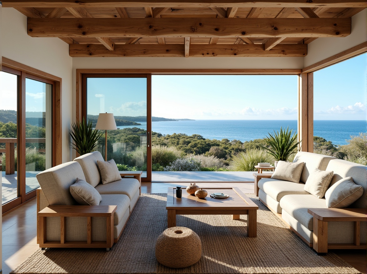 Prompt: Cozy coastal cottage, natural textures, driftwood furniture, ocean-inspired colors, calming blues and whites, comfortable plush sofas, woven sea grass baskets, shell-shaped decorative accents, floor-to-ceiling windows, sliding glass doors, panoramic ocean views, warm sunny lighting, shallow depth of field, 2/3 composition, relaxed atmosphere, soft focus effect, realistic wood grains, subtle beachy scents.