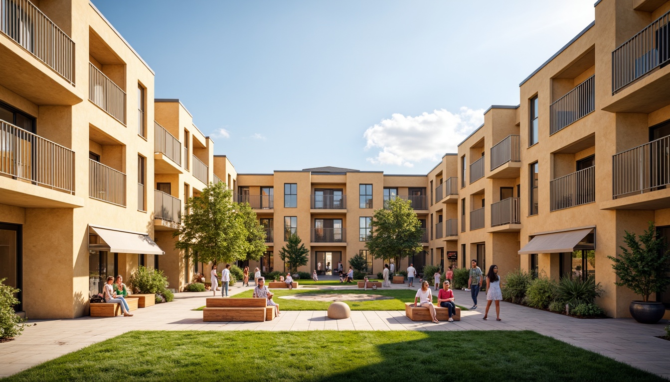 Prompt: Vibrant community center, warm beige walls, soft pastel accents, natural wood tones, calming green spaces, inviting outdoor seating, colorful playground equipment, diverse cultural patterns, eclectic urban architecture, modern amenities, energy-efficient systems, sustainable building materials, bright sunny day, gentle warm lighting, shallow depth of field, 1/1 composition, realistic textures, ambient occlusion.