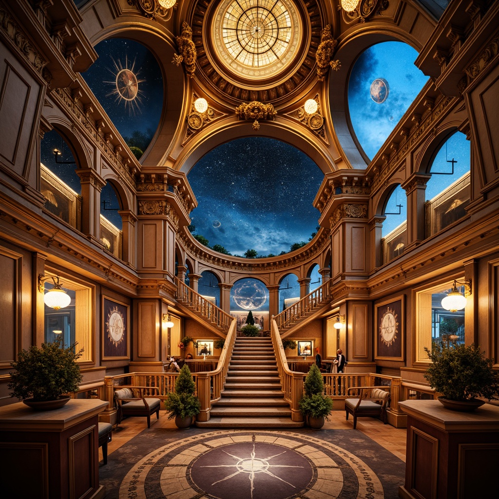 Prompt: Intricate planetarium, ornate Baroque architecture, golden domes, celestial maps, starry night sky, majestic archways, grandiose staircases, luxurious velvet drapes, crystal chandeliers, intricate frescoes, ornamental gilding, rich wood paneling, lavish furnishings, ambient soft lighting, warm color palette, shallow depth of field, 1/1 composition, realistic textures, detailed normal maps.