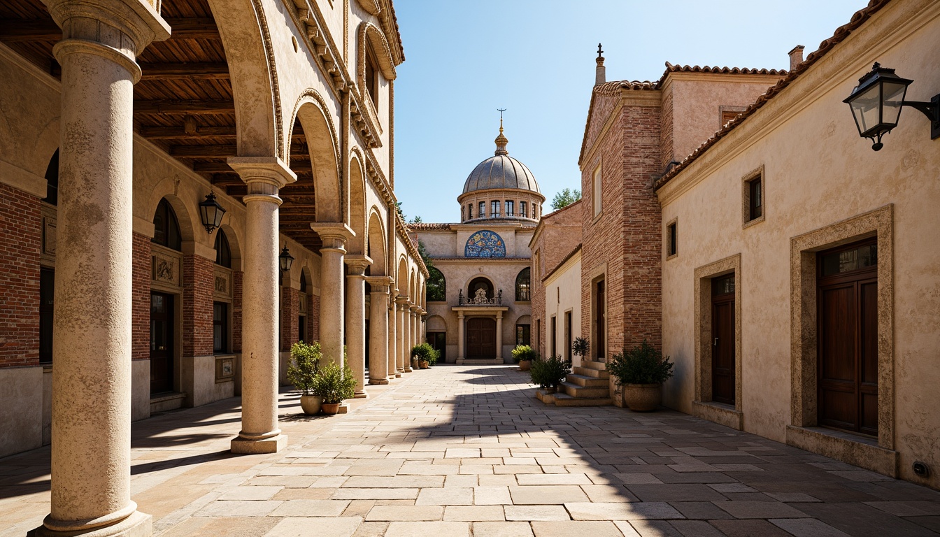 Prompt: Byzantine-style buildings, ornate stone carvings, intricate brick patterns, grand arches, domed structures, richly colored mosaics, golden accents, ornamental columns, rustic stonework, weathered fa\u00e7ades, ancient architectural influences, Mediterranean landscape, sunny afternoon light, warm atmospheric perspective, shallow depth of field, 1/2 composition, high-contrast lighting, realistic textures, ambient occlusion.