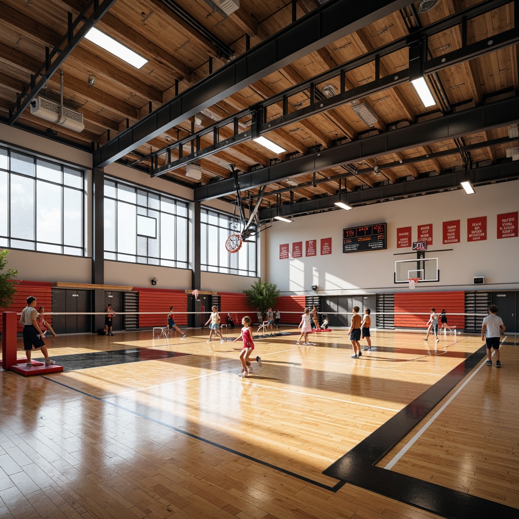 Prompt: Modern gymnasium interior, polished wooden floors, mirrored walls, professional sports equipment, basketball hoops, volleyball nets, gymnastic mats, athletic track lanes, LED scoreboard displays, comfortable spectator seating, natural ventilation systems, abundant daylight, warm color scheme, motivational quotes, dynamic lighting effects, shallow depth of field, 1/1 composition, realistic textures, ambient occlusion.