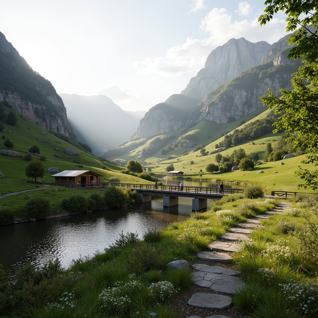 Prompt: Serene valley landscape, lush green meadows, gentle sloping hills, winding rivers, rustic wooden bridges, natural stone pathways, wildflowers, majestic mountains, misty atmospheric effects, warm soft lighting, shallow depth of field, 2/3 composition, panoramic view, realistic textures, ambient occlusion, eco-friendly architecture, blending with surroundings, organic forms, earthy tones, natural materials, minimal human impact.