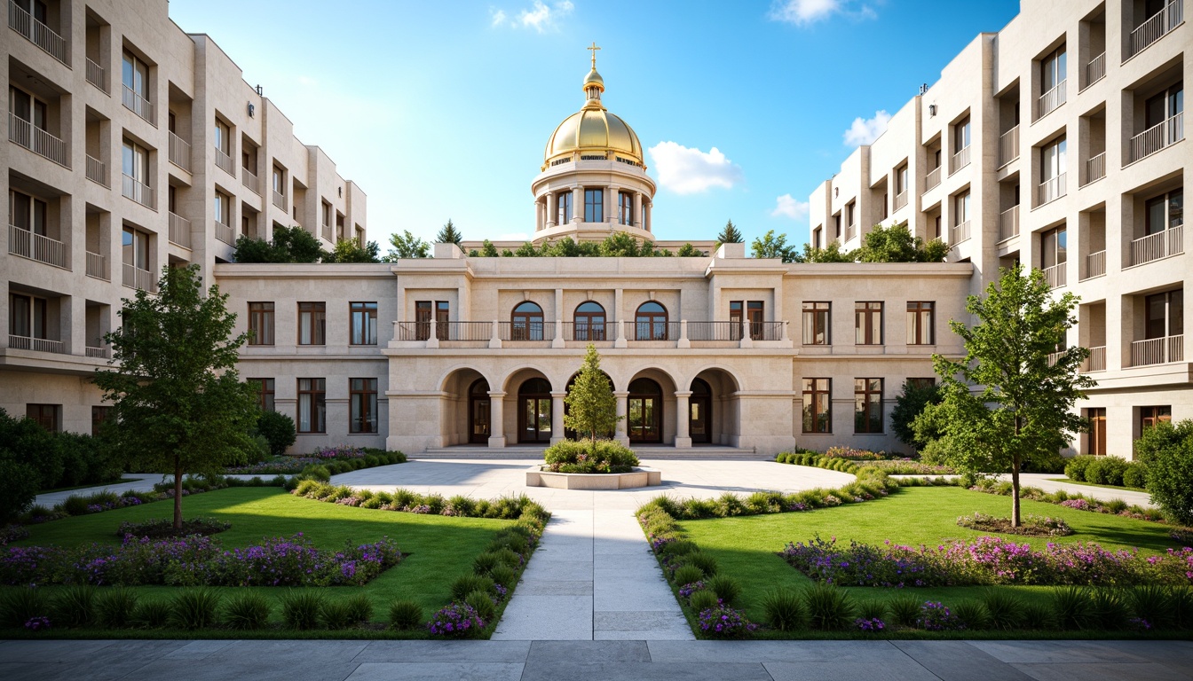 Prompt: Symmetrical courthouse building, fusion of modern and classical styles, grand entrance with arches, symmetrical columns, ornate details, beige stone fa\u00e7ade, large dome, clock tower, vibrant greenery, surrounding walking paths, urban cityscape, clear blue sky, warm sunlight, shallow depth of field, 1/1 composition, realistic textures, ambient occlusion.Please let me know if this meets your expectations!