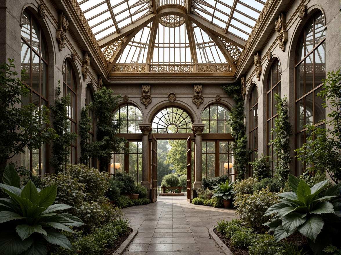 Prompt: Ornate greenhouse facade, baroque architectural style, intricate stone carvings, grandiose entranceways, ornamental metalwork, lavish floral patterns, curved lines, symmetrical compositions, vibrant greenery, lush vines, exotic plants, natural stone walls, stained glass windows, golden accents, soft warm lighting, misty atmosphere, shallow depth of field, 1/1 composition, realistic textures, ambient occlusion.