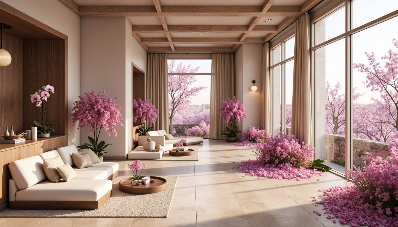 Prompt: \Elegant orchid-inspired architecture, soft pastel hues, delicate petals, subtle gradient effects, luxurious velvet textures, refined metallic accents, sophisticated modern design, open-plan interior spaces, floor-to-ceiling windows, natural light pouring in, warm beige stone floors, plush area rugs, statement lighting fixtures, 1/2 composition, shallow depth of field, atmospheric perspective, vibrant floral patterns, whimsical botanical illustrations.\