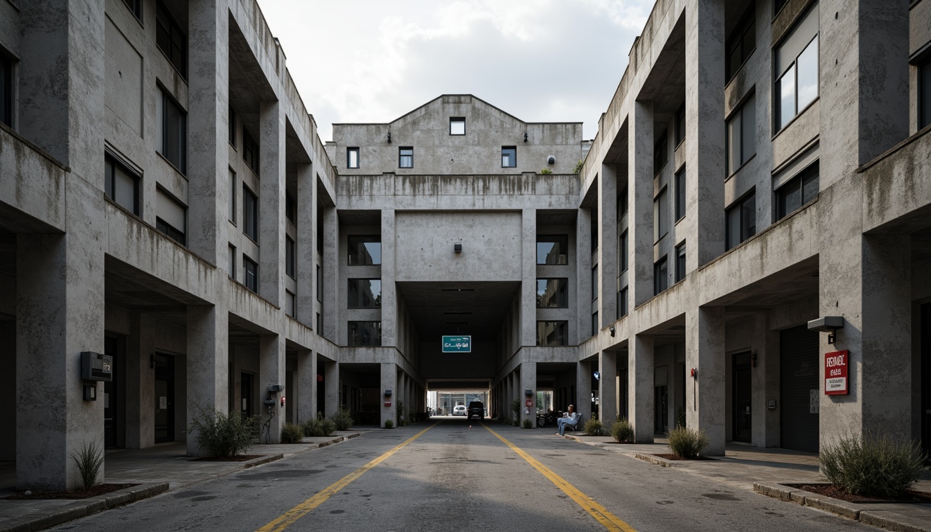 Prompt: Rugged warehouse, exposed concrete structures, raw industrial materials, bold geometric forms, fortress-like facades, heavy metal doors, minimalist signage, functionalist design, urban context, overcast skies, dramatic shadows, low-angle shots, high-contrast lighting, gritty textures, ambient occlusion, 2/3 composition, symmetrical framing, stark color palette, brutalist architectural elements, reinforced concrete columns, industrial pipework, mechanical equipment, utilitarian aesthetic.