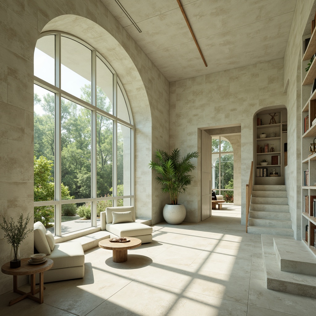 Prompt: Soft celadon hues, serene ambiance, natural stone walls, minimalist decor, creamy white accents, subtle wood textures, elegant curves, warm beige tones, cozy reading nooks, floor-to-ceiling windows, lush greenery views, gentle morning light, softbox lighting, 1/1 composition, realistic renderings, ambient occlusion.