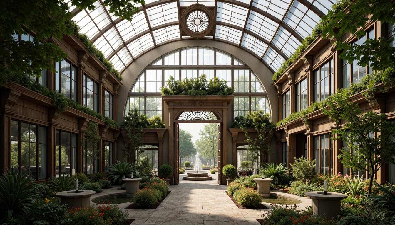 Prompt: Ornate greenhouse, lush tropical plants, curved glass architecture, intricately carved wooden details, grandiose entrance gates, meandering stone pathways, vibrant flower arrangements, majestic fountains, soft misty atmosphere, warm natural lighting, 1/1 composition, shallow depth of field, realistic reflections, ambient occlusion.