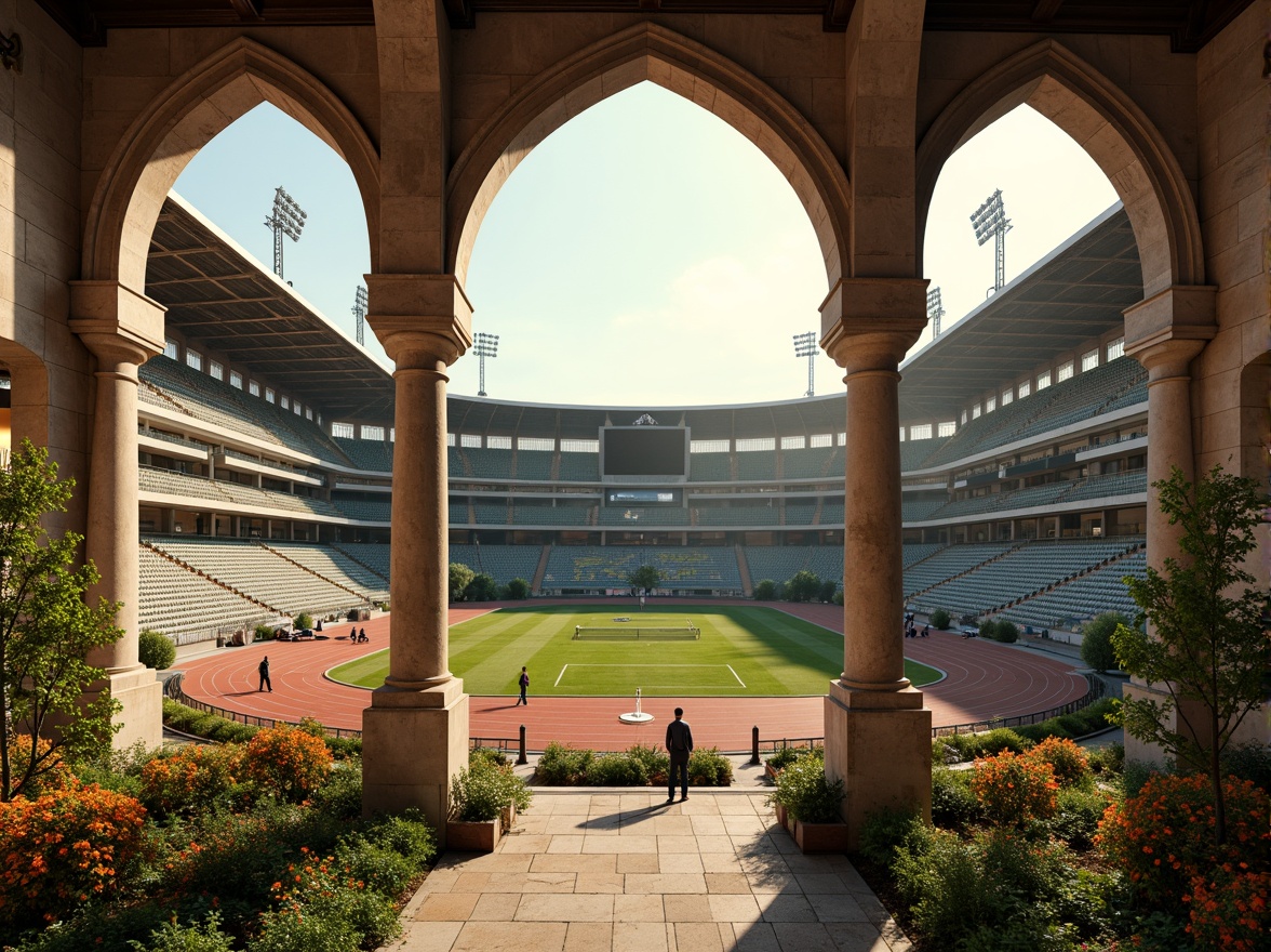 Prompt: Rustic sports stadium, Romanesque arches, ornate columns, intricate stone carvings, vibrant greenery, blooming flowers, athletic tracks, football fields, tennis courts, Olympic-sized swimming pools, modern LED scoreboard displays, grandstand seating, ancient-inspired sculptures, warm golden lighting, dramatic shadows, 1/1 composition, symmetrical framing, realistic textures, ambient occlusion.