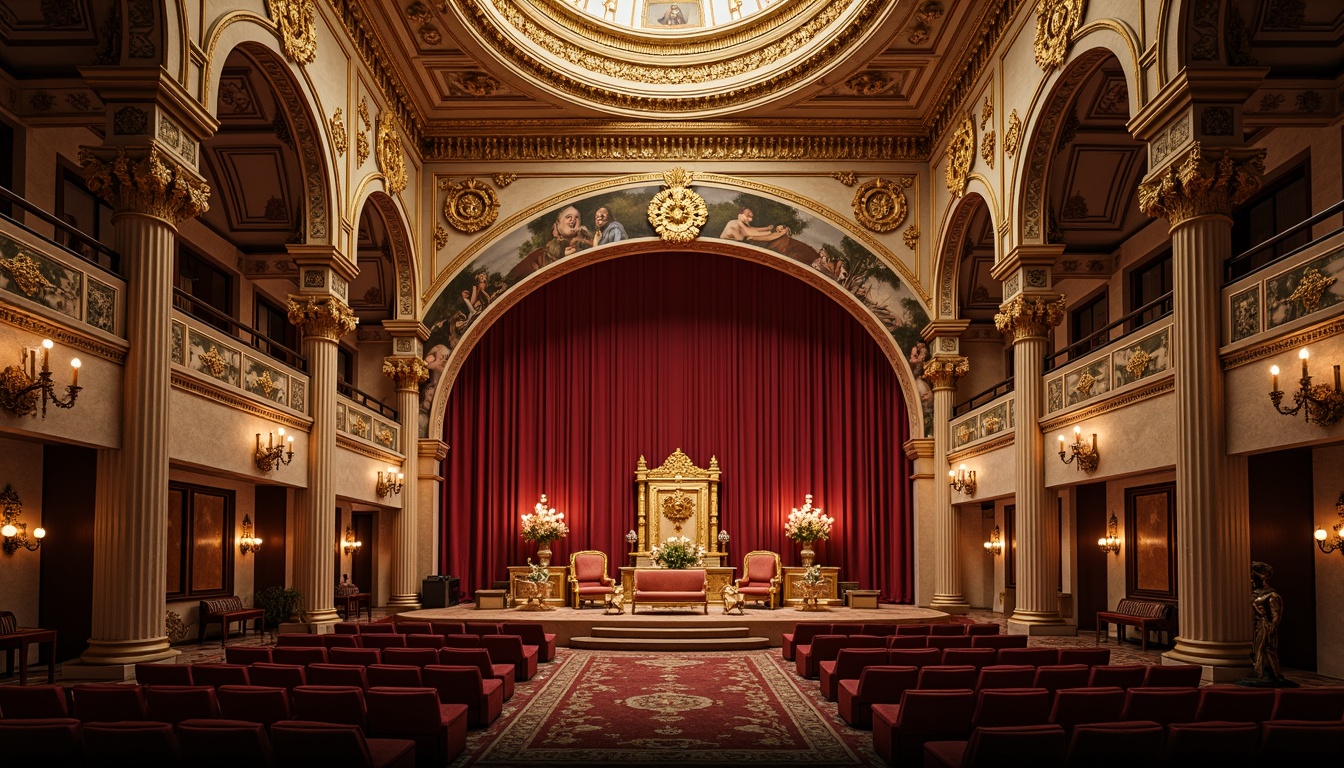 Prompt: Ornate Byzantine theater, grand arches, intricately carved stone columns, richly decorated domes, lavish golden accents, ornamental frescoes, velvet red curtains, regal throne-like seating, opulent chandeliers, dramatic spotlights, warm golden lighting, shallow depth of field, 1/2 composition, symmetrical view, realistic textures, ambient occlusion.