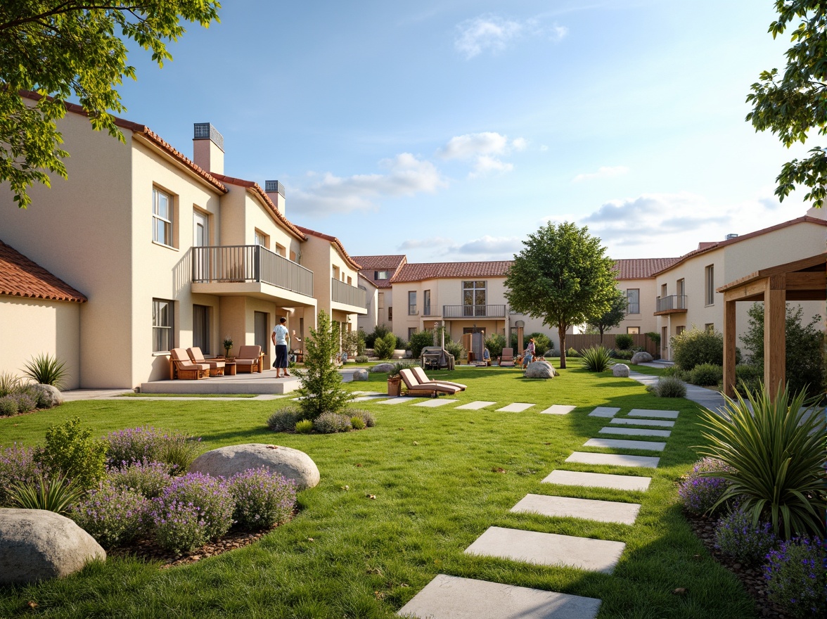 Prompt: Warm beige houses, soft pastel colors, gentle earth tones, lush green lawns, blooming flower gardens, cozy outdoor seating areas, natural stone pathways, rustic wooden fences, calm blue skies, warm sunny days, soft warm lighting, shallow depth of field, 3/4 composition, realistic textures, ambient occlusion.