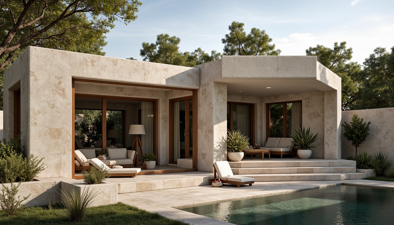 Prompt: \Rustic modern villa, plastered concrete exterior, earthy tones, natural textures, rough stone walls, wooden accents, large glass windows, sliding doors, minimalist decor, lush greenery, blooming flowers, serene ambiance, warm sunlight, soft shadows, shallow depth of field, 1/2 composition, realistic renderings.\Let me know if this meets your requirements!