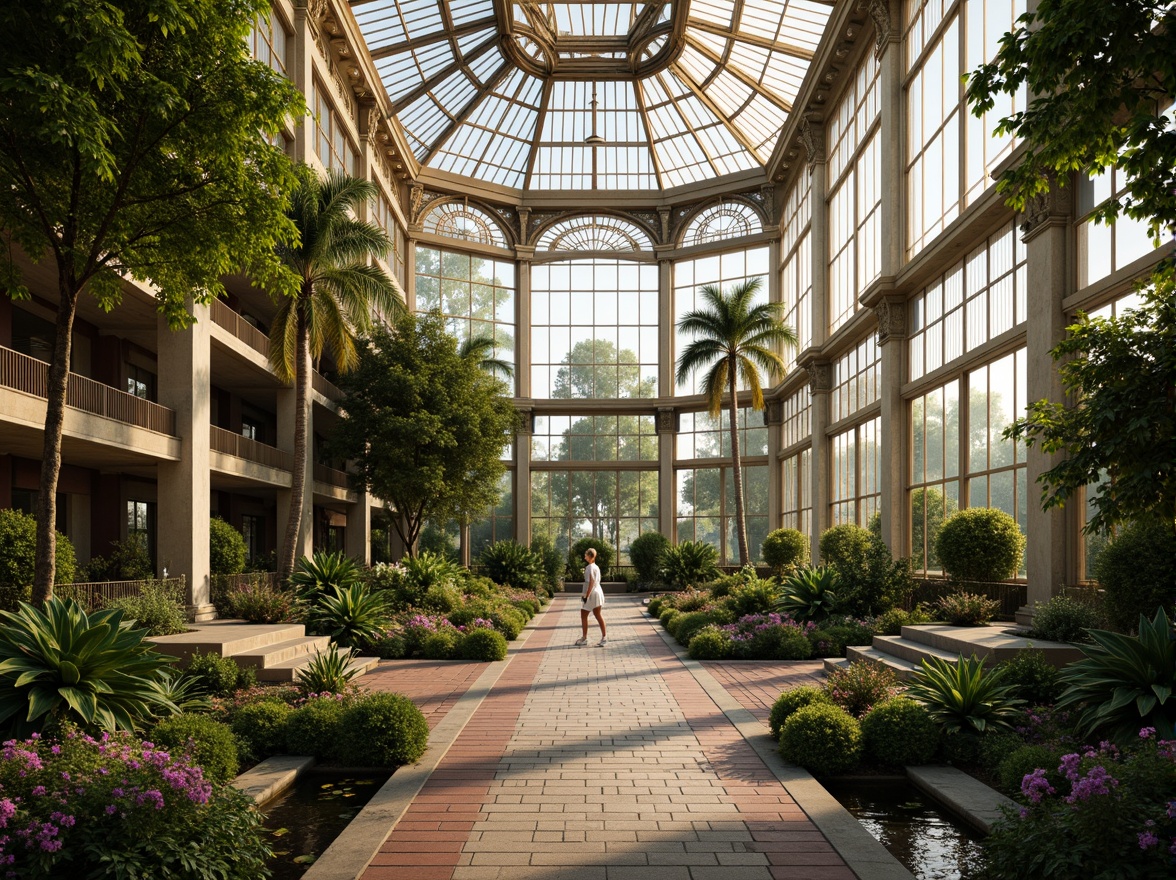 Prompt: Grandiose greenhouse, ornate baroque details, lush greenery, vibrant flowers, tropical plants, meandering paths, serene water features, natural stone walkways, elegant iron gates, curved lines, symmetrical composition, warm soft lighting, shallow depth of field, 1/1 aspect ratio, realistic textures, ambient occlusion, misty atmosphere, morning dew, gentle breeze, peaceful ambiance.