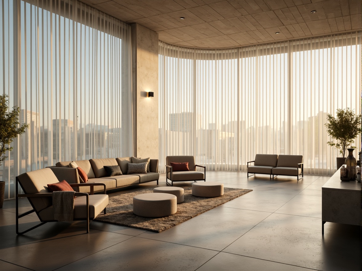 Prompt: Translucent facade, diffused natural light, soft warm glow, minimalist interior, sleek modern furniture, polished metal accents, subtle texture variations, layered spatial hierarchy, airy atmosphere, gentle color palette, blurred boundaries, visual depth perception, 1/1 composition, soft focus effect, cinematic lighting, ambient occlusion, subtle gradient transitions.