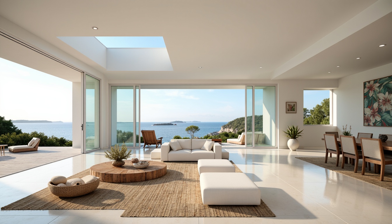 Prompt: Seaside villa, ocean views, floor-to-ceiling windows, sliding glass doors, large skylights, clerestory windows, reflective white surfaces, minimalist interior design, beachy color palette, natural textures, woven fiber rugs, reclaimed wood accents, nautical-themed decor, coastal-inspired artwork, soft warm lighting, shallow depth of field, 1/1 composition, panoramic view, realistic renderings, ambient occlusion.