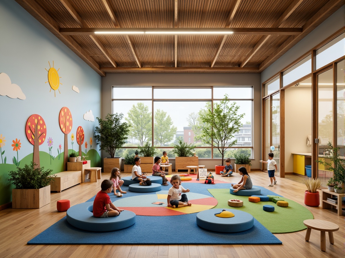 Prompt: Vibrant kindergarten, playful murals, colorful furniture, interactive whiteboards, collaborative learning zones, cozy reading nooks, soft carpeted floors, natural wood accents, circular gathering spaces, educational toys, building blocks, art stations, sensory play areas, transparent glass partitions, flexible seating arrangements, ambient warm lighting, shallow depth of field, 1/1 composition, realistic textures, immersive virtual experiences.