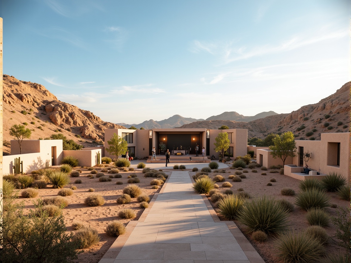 Prompt: Desert concert house, adobe-style architecture, curved lines, earthy tones, sandy dunes, cactus plants, hot sunny day, clear blue sky, vast open space, outdoor amphitheater, tiered seating, acoustic shell, stage lighting, sound systems, minimalist landscaping, succulent gardens, drought-resistant plants, meandering pathways, natural stone flooring, warm ambiance, soft warm lighting, shallow depth of field, 3/4 composition, panoramic view, realistic textures, ambient occlusion.