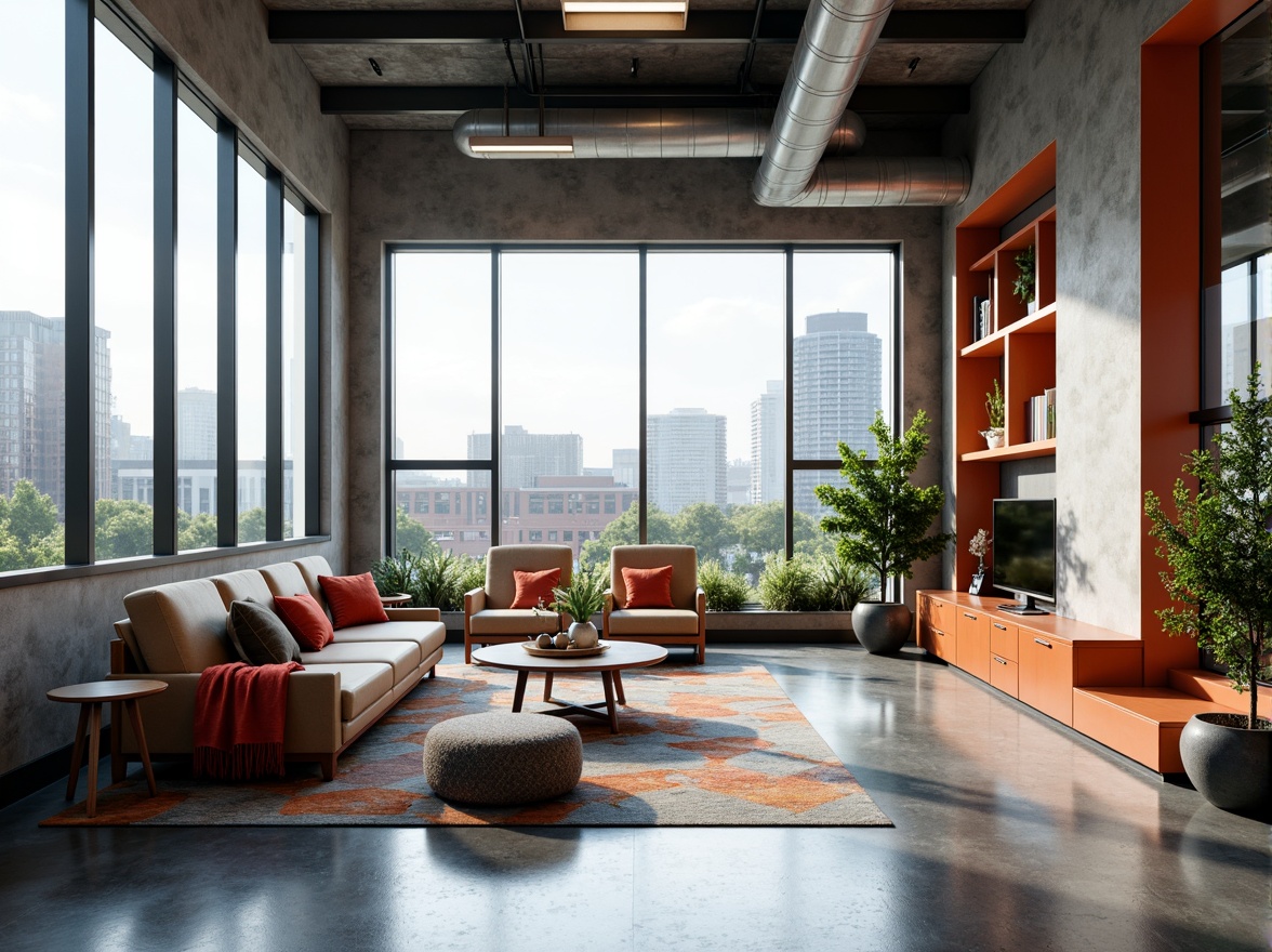 Prompt: Modern living room, sleek minimalist decor, floor-to-ceiling windows, natural light, polished concrete floors, industrial chic, exposed ductwork, urban loft vibe, geometric patterns, vibrant color accents, modular furniture, hidden storage compartments, smart home technology integration, ambient lighting, 3/4 composition, shallow depth of field, realistic textures.