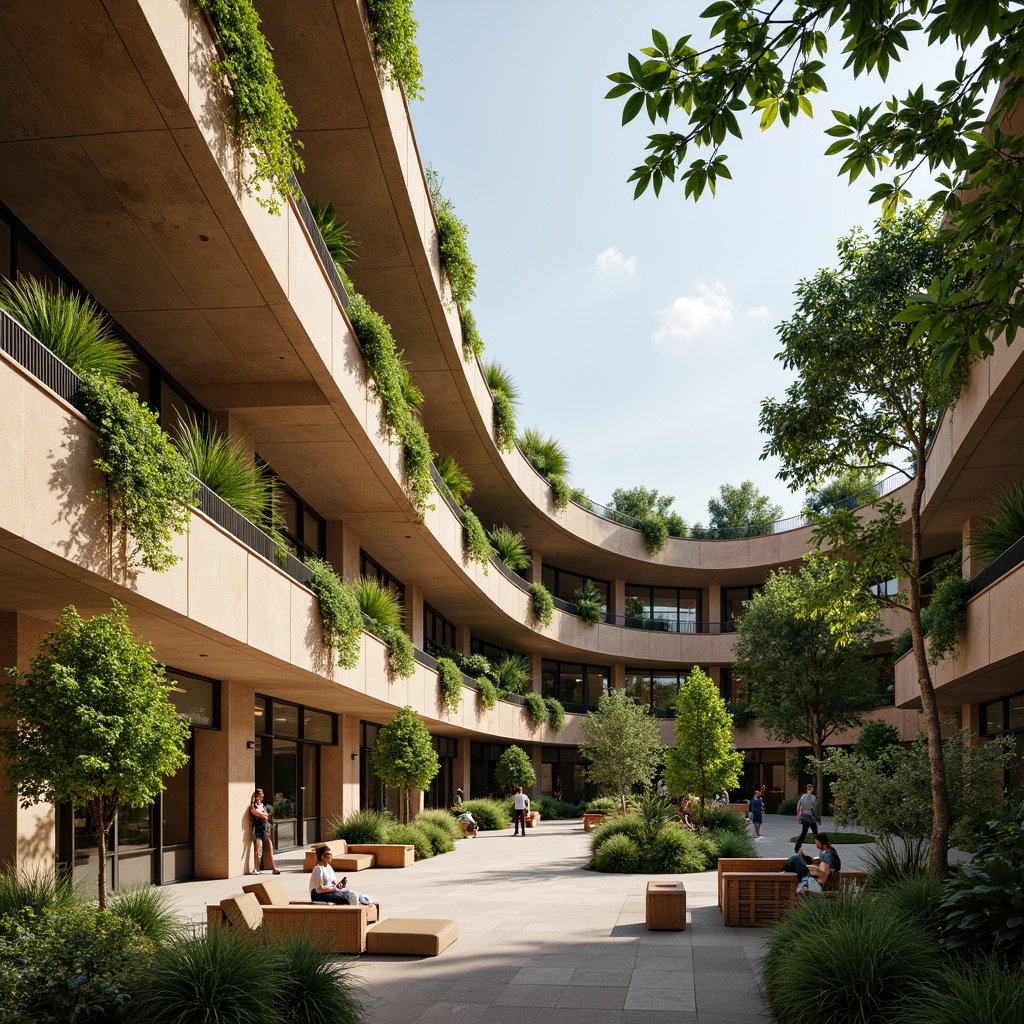 Prompt: Curved student hall, organic shapes, green roofs, living walls, natural ventilation, abundant daylight, recycled materials, low-carbon footprint, energy-efficient systems, solar panels, rainwater harvesting, grey water reuse, composting facilities, bamboo flooring, reclaimed wood accents, earthy color palette, soft warm lighting, shallow depth of field, 3/4 composition, panoramic view, realistic textures, ambient occlusion.