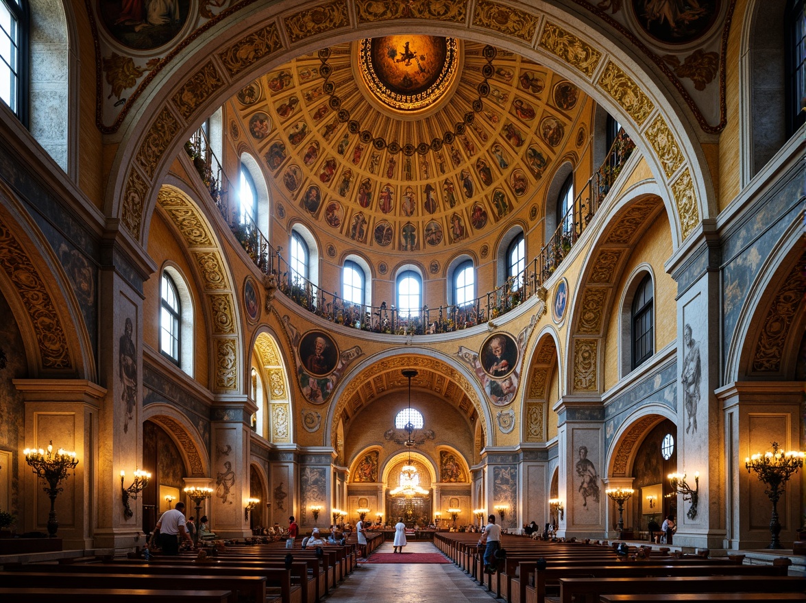 Prompt: Majestic Byzantine domes, intricate stone carvings, golden mosaics, vibrant frescoes, ornate decorations, grand interior spaces, high ceilings, natural light pouring through windows, warm earthy tones, rustic textures, historic landmarks, cultural heritage sites, serene atmosphere, soft diffused lighting, shallow depth of field, 1/1 composition, realistic renderings.