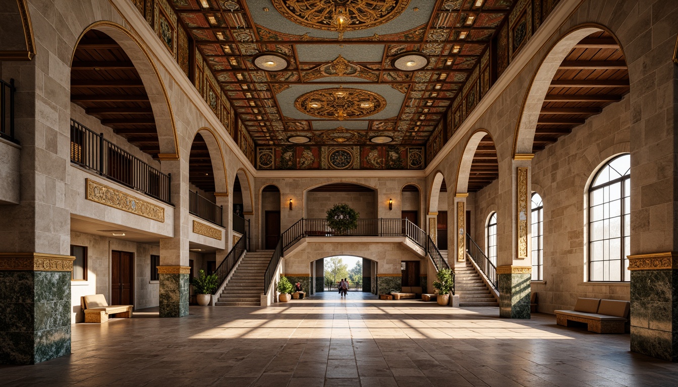 Prompt: Grandiose middle school building, Byzantine-inspired architecture, majestic arches, intricate stone carvings, ornate metal details, vibrant mosaics, golden accents, grand entranceways, sweeping staircases, high ceilings, rustic stone walls, earthy color palette, warm ambient lighting, dramatic shadows, 3/4 composition, shallow depth of field, panoramic view, realistic textures, ambient occlusion.