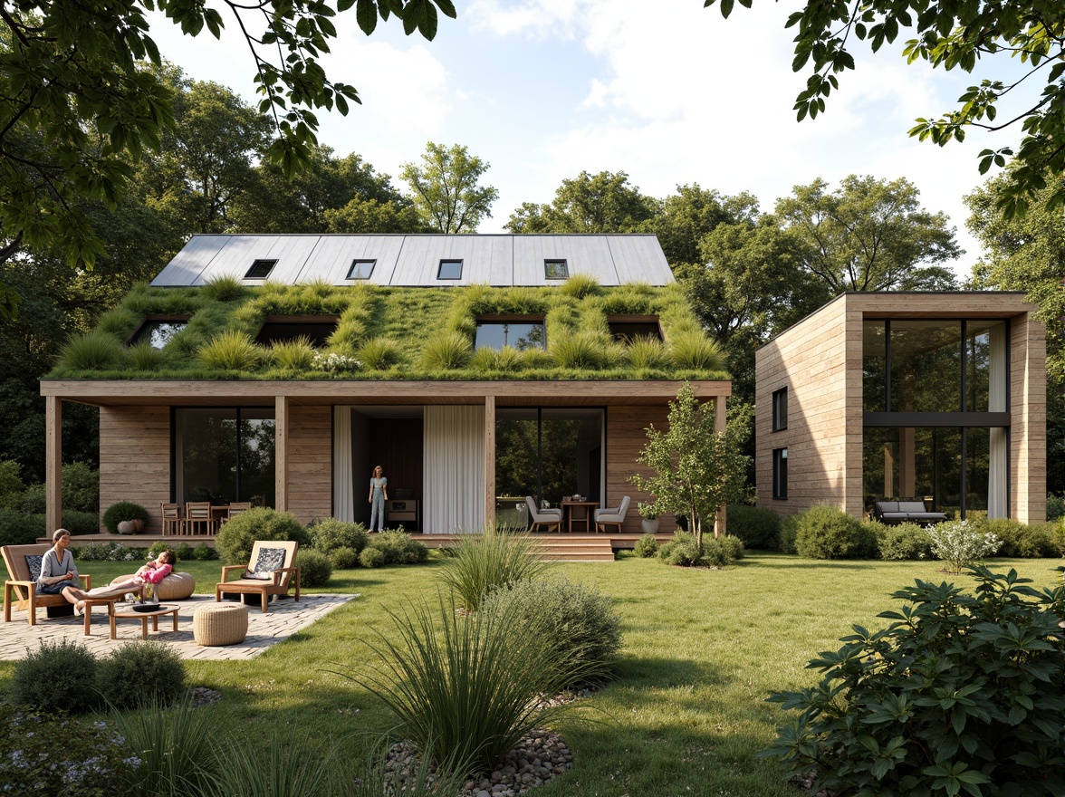 Prompt: Green roof, lush vegetation, natural stone walls, wooden accents, large windows, sliding glass doors, clerestory windows, high ceilings, open floor plan, minimal partitions, cross ventilation, warm sunny day, soft diffused lighting, shallow depth of field, 1/1 composition, realistic textures, ambient occlusion.