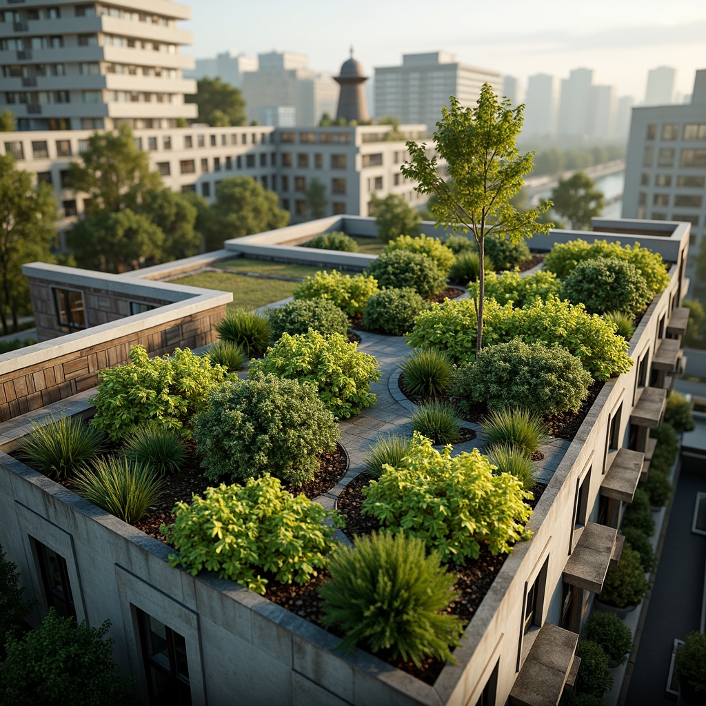 Prompt: Green rooftop garden, lush foliage, natural ventilation system, operable windows, clerestory windows, skylights, atriums, solar chimneys, wind towers, breathable building materials, bamboo facades, wooden accents, earthy color palette, soft warm lighting, shallow depth of field, 3/4 composition, panoramic view, realistic textures, ambient occlusion.