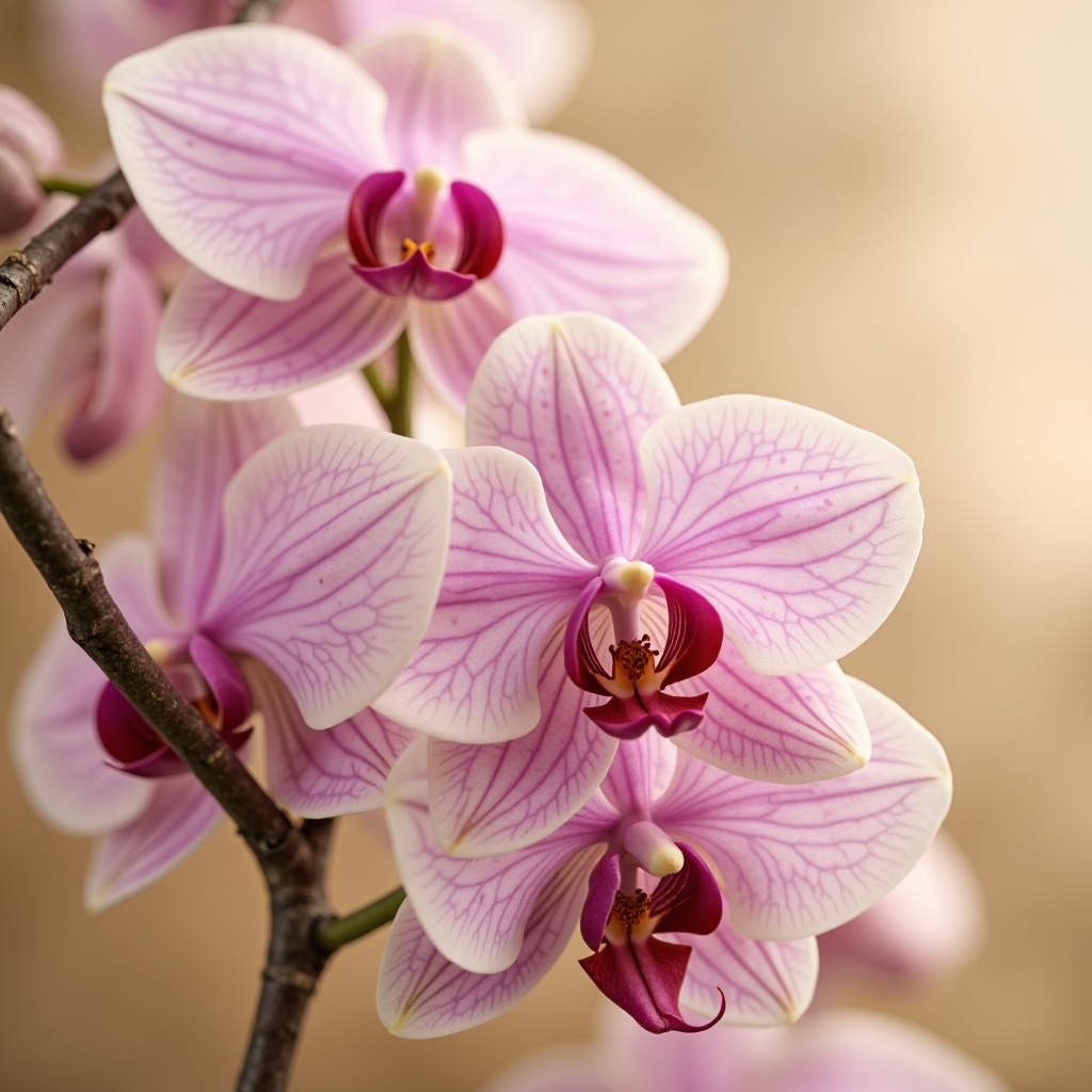 Prompt: Luxuriant orchid blooms, soft pastel hues, delicate petals, velvety texture, subtle sheen, warm beige background, rich jewel tones, deep berry accents, creamy whites, gentle gradients, whimsical patterns, romantic florals, dreamy landscapes, warm golden lighting, shallow depth of field, 1/1 composition, intimate close-ups, realistic textures, ambient occlusion.