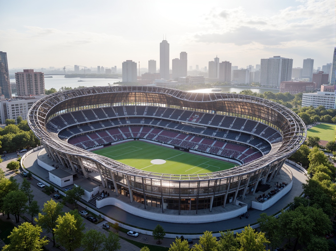 Prompt: Transparent stadium facade, undulating roofline, cantilevered upper tiers, sleek metallic seating, vibrant LED lighting, open-air concourses, natural ventilation systems, panoramic city views, bustling urban surroundings, warm sunny day, soft diffused lighting, shallow depth of field, 3/4 composition, realistic reflections, ambient occlusion.