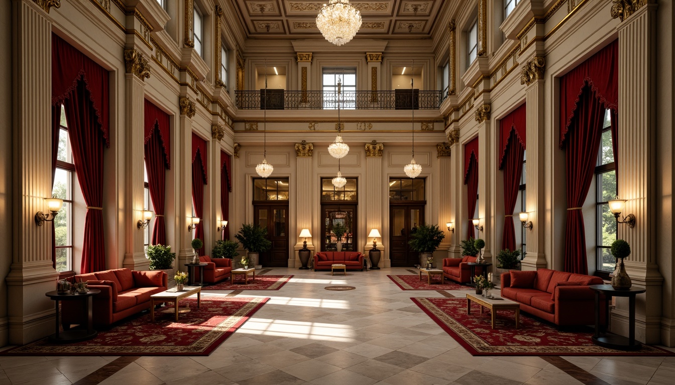 Prompt: Grandiose neoclassical facade, ornate stone carvings, polished marble columns, intricate moldings, gilded accents, luxurious velvet drapes, richly patterned rugs, crystal chandeliers, opulent furnishings, lavish decorations, ornamental metalwork, subtle warm lighting, shallow depth of field, 1/1 composition, symmetrical view, realistic textures, ambient occlusion.