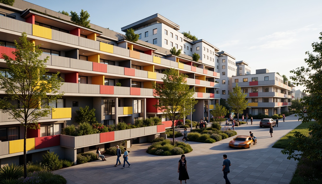 Prompt: Vibrant student hall, social housing community, modern facade design, bold color scheme, rectangular windows, horizontal lines, minimalist balconies, corrugated metal panels, concrete foundation, green roofs, solar panels, communal outdoor spaces, playful street furniture, urban context, dynamic cityscape, warm afternoon lighting, shallow depth of field, 2/3 composition, realistic textures, ambient occlusion.